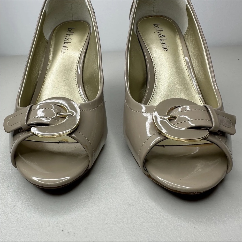 Kelly & Katie Tan Peep Toe Pumps Size 7 M Nude Patent Buckle High Heel Shoes - Picture 5 of 14